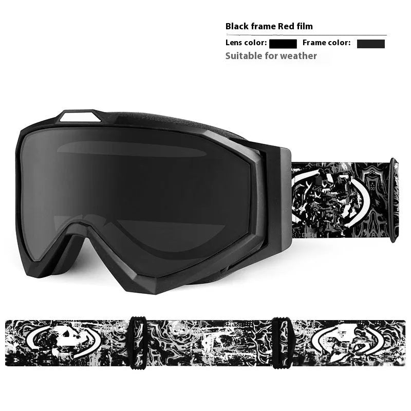 Motorcycle goggles with double-layer anti-fog lens and coloured TPU frame on a storage cloth bag.