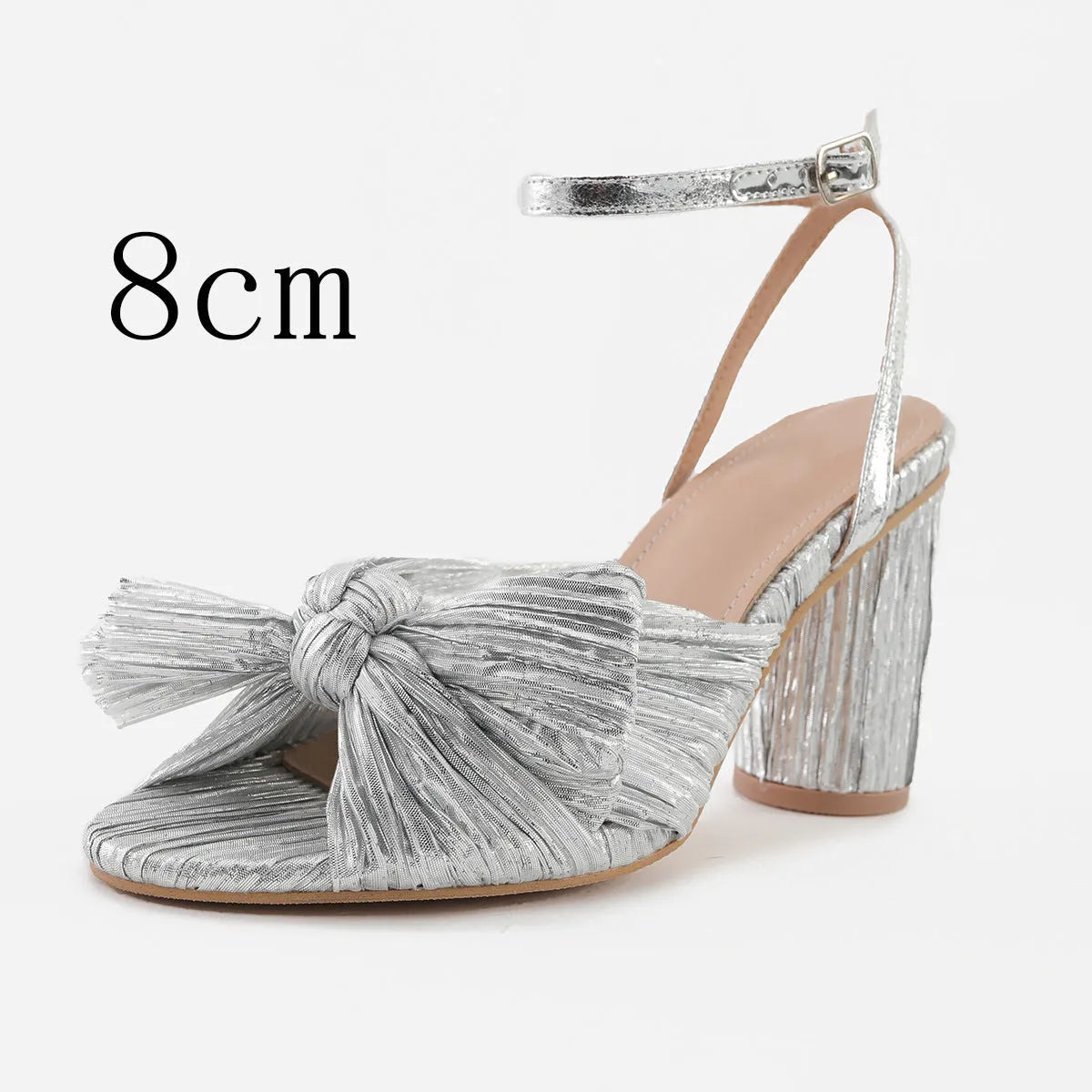 Satin bowknot fish mouth high heel sandals with thick heel and buckle fastening in black