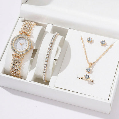 Diamond women's watch with rhinestone quartz bracelet in golden, silver, and rose gold suits