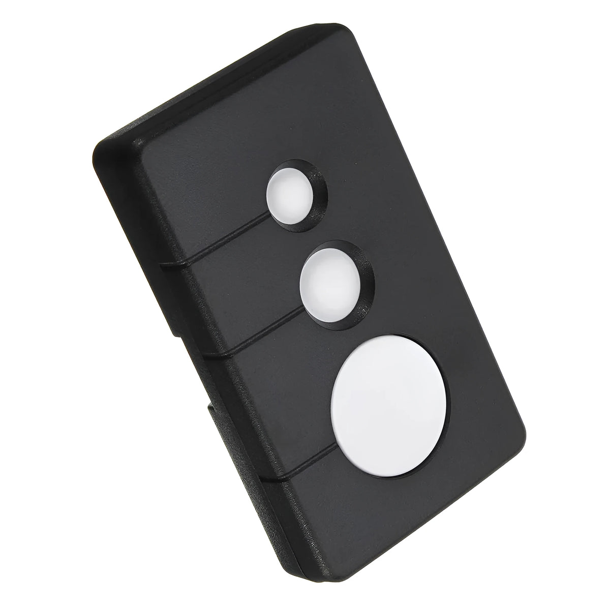 Black three-key garage door remote control with 390 MHz frequency and Rolling Code technology.