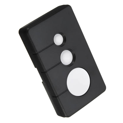Black three-key garage door remote control with 390 MHz frequency and Rolling Code technology.