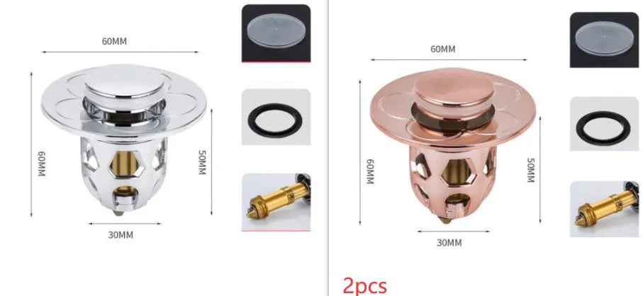 Copper core bouncing washbasin drain plug with universal 1.1-1.5 inch head in metallic finish