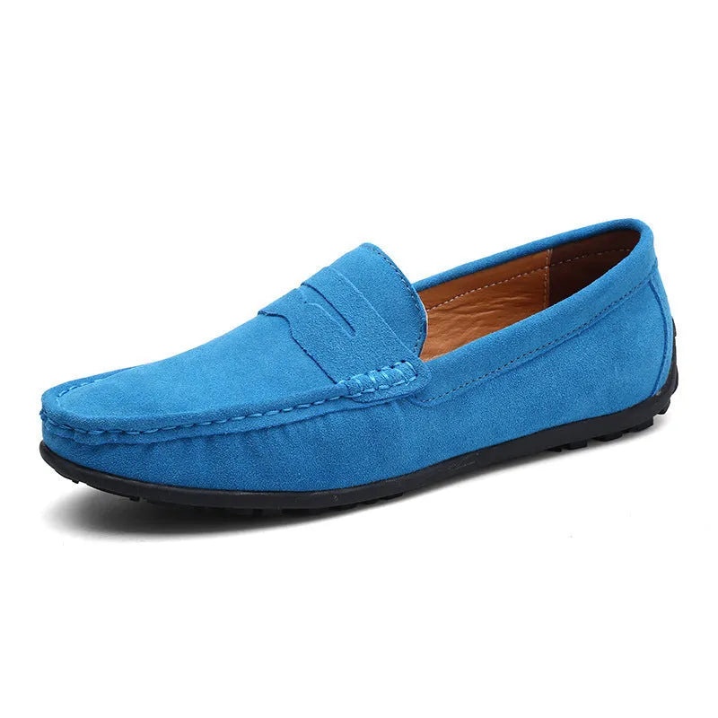 Men's suede casual loafers in brown with a round toe and rubber sole, shown in a UK plus size.