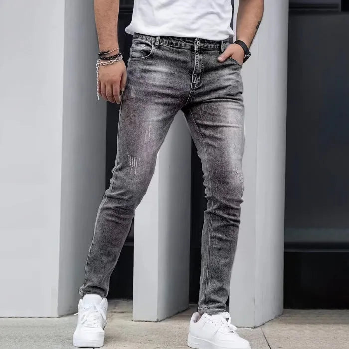 Men's stretch cotton spandex jeans in straight leg skinny cut, dark blue colour