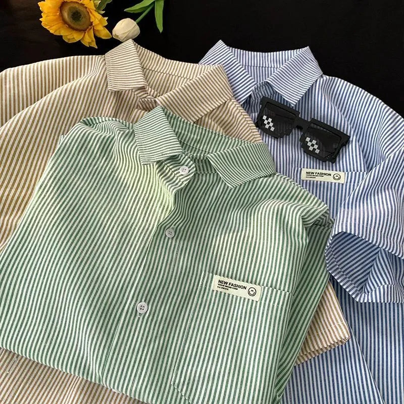 Loose plus size striped half sleeve shirt in blue or green colour