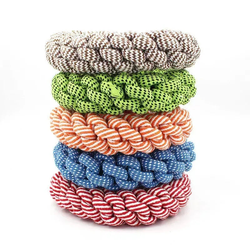 Cotton braided ring knot dog toy showing 18cm diameter, textured knot construction, random colour