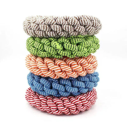 Cotton braided ring knot dog toy showing 18cm diameter, textured knot construction, random colour