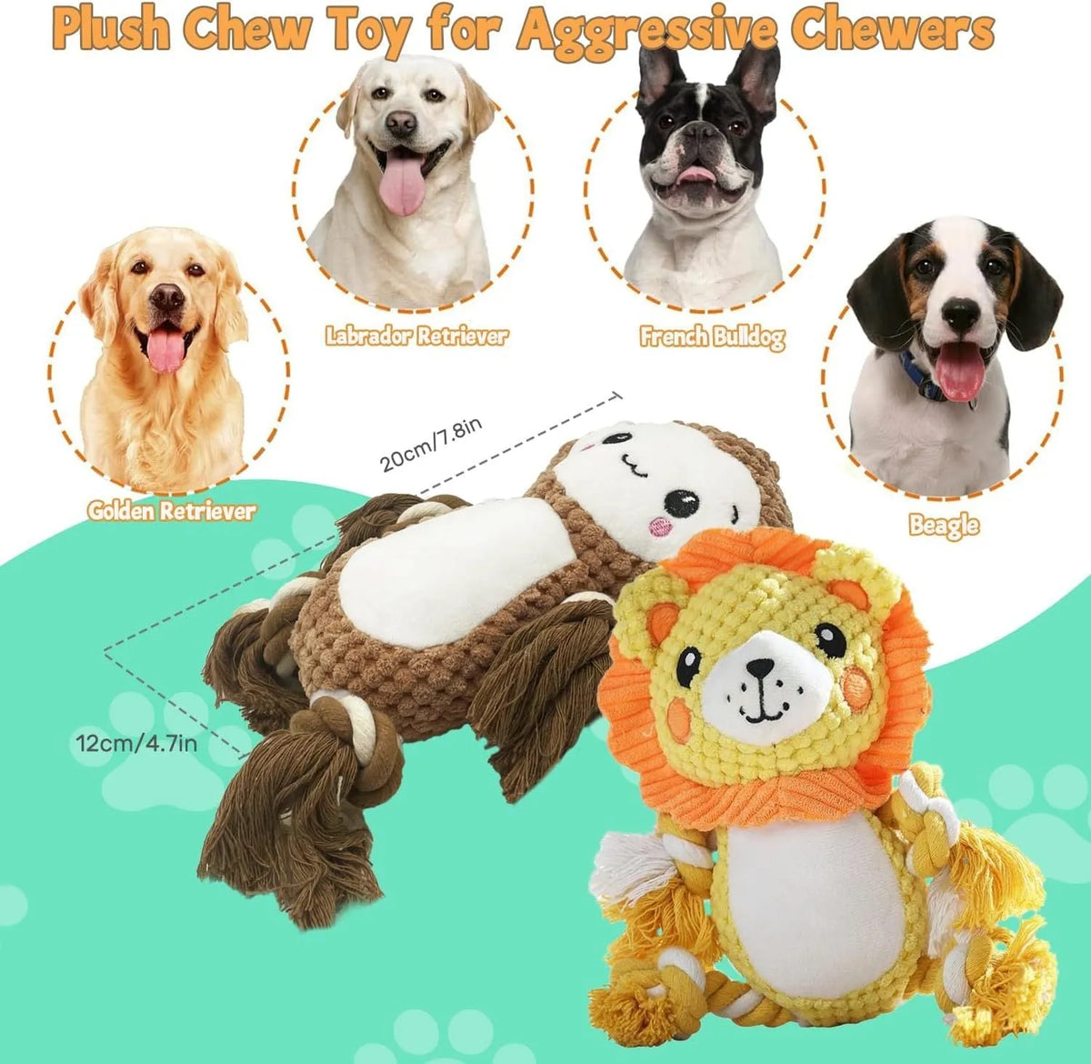 Plush monkey and lion squeaky dog toys on a white background, showing sizes 17x13.5cm and 9x12cm