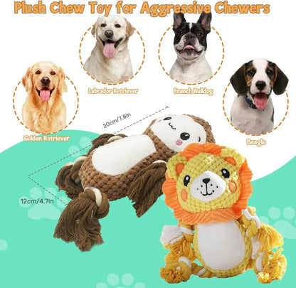 Plush monkey and lion squeaky dog toys on a white background, showing sizes 17x13.5cm and 9x12cm