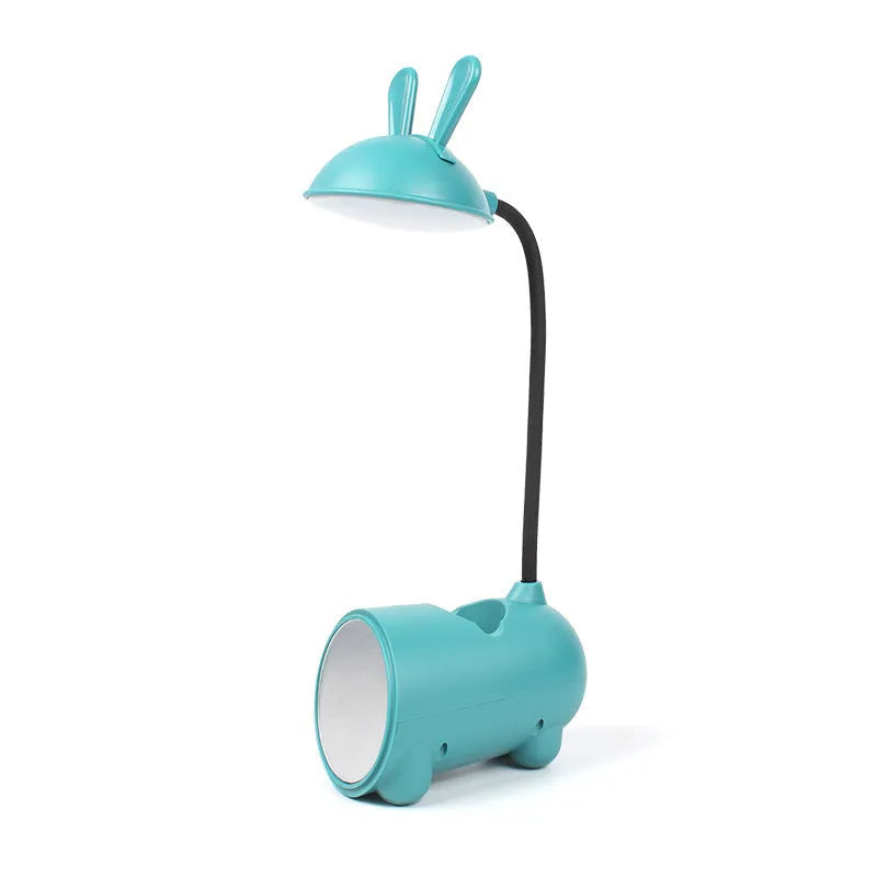 Green desktop table lamp with pen container, measuring 30 cm wide with USB power cable