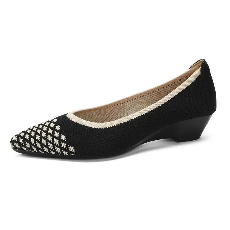 Women's wedge pumps with breathable mesh upper, pointed toe, and low rubber sole in leopard print pattern