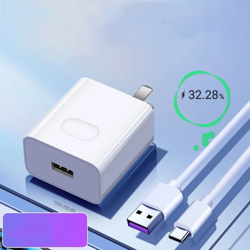 40W fast charger set with QC3.0 protocol, 5A fast charging cable, 3A output current, USB interface, complete white charging kit for mobile phone rapid power delivery