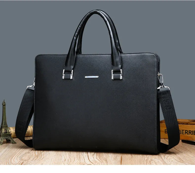 Men's one-shoulder PU leather business briefcase, large blue or black horizontal square zip handbag