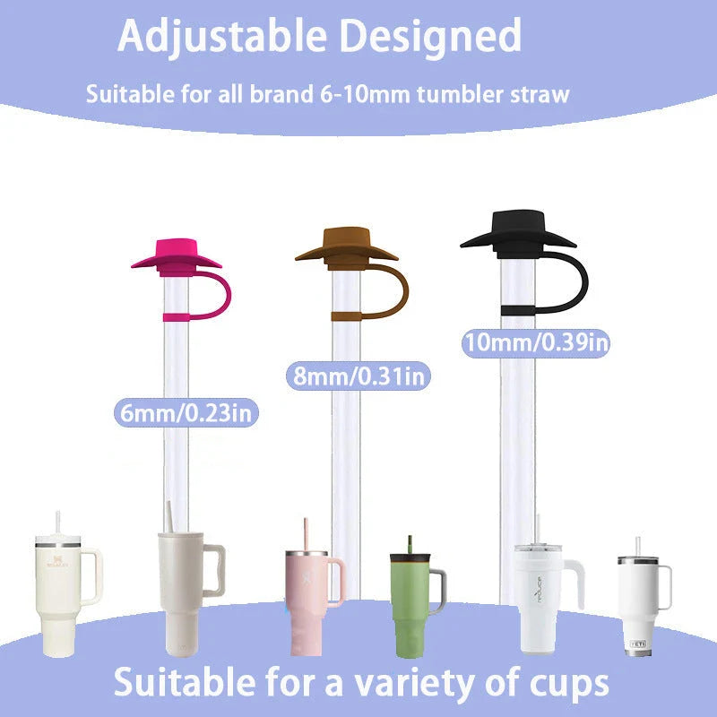 Stylish cowboy hat-shaped straw covers made of food-grade silicone in vibrant macaroon colors for protecting and decorating drinks