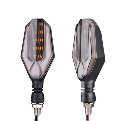 Pair of motorcycle LED indicator signal lights showing the two-colour light guide and 30 LED design.