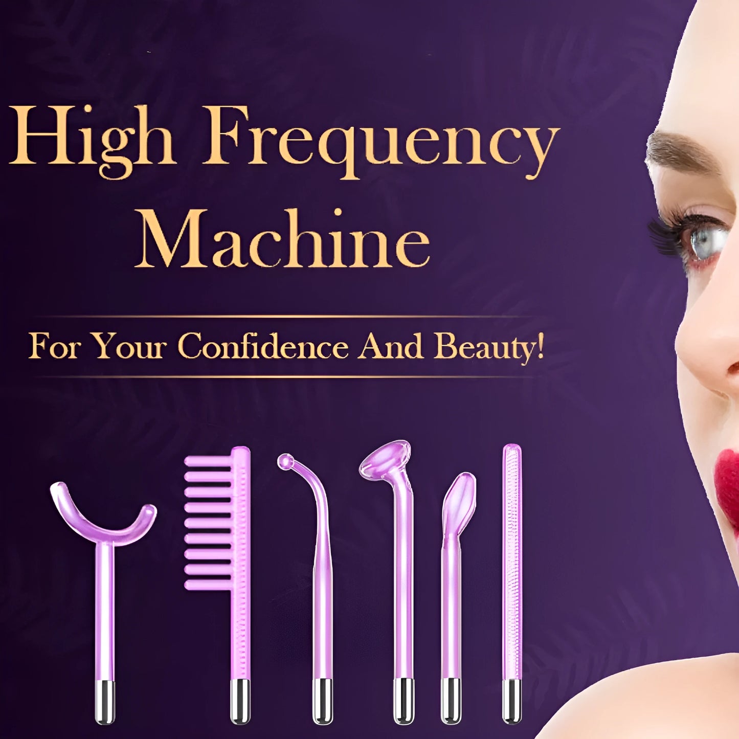 Purple high wave electrotherapy rod beauty instrument with six accessory heads for skincare treatments