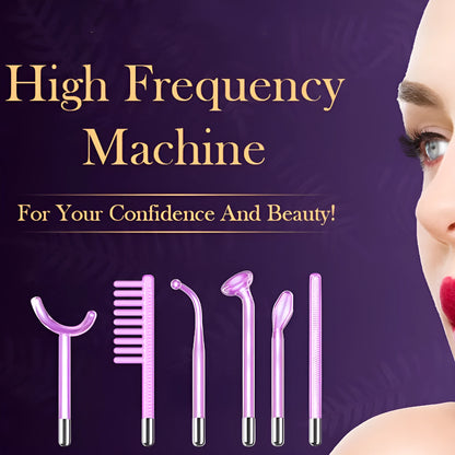 Purple high wave electrotherapy rod beauty instrument with six accessory heads for skincare treatments