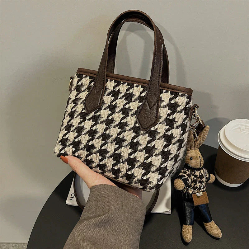 Premium houndstooth and plaid crossbody bags with stylish patterns, comfortable wool material, and versatile design
