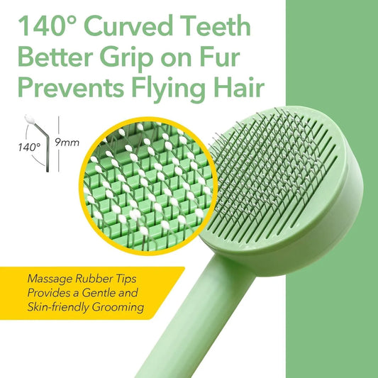 Green and yellow pet grooming brush with stainless steel needles measuring 17.5x8cm