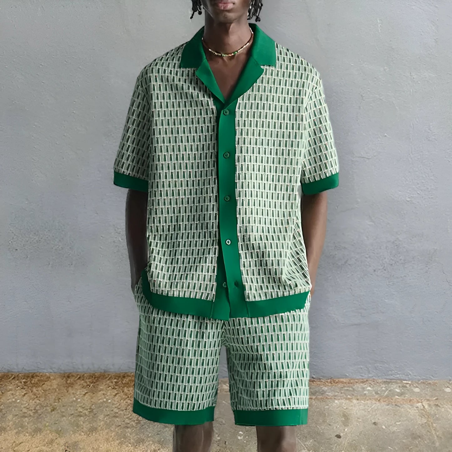 Men's printed short-sleeve shirt and matching shorts two-piece set in plus sizes.