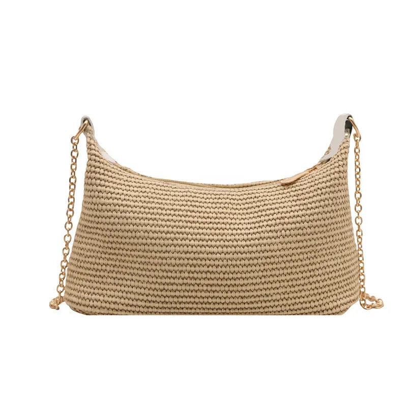 Straw woven beach tote bag with sandwich pockets and mobile phone compartment in khaki colour