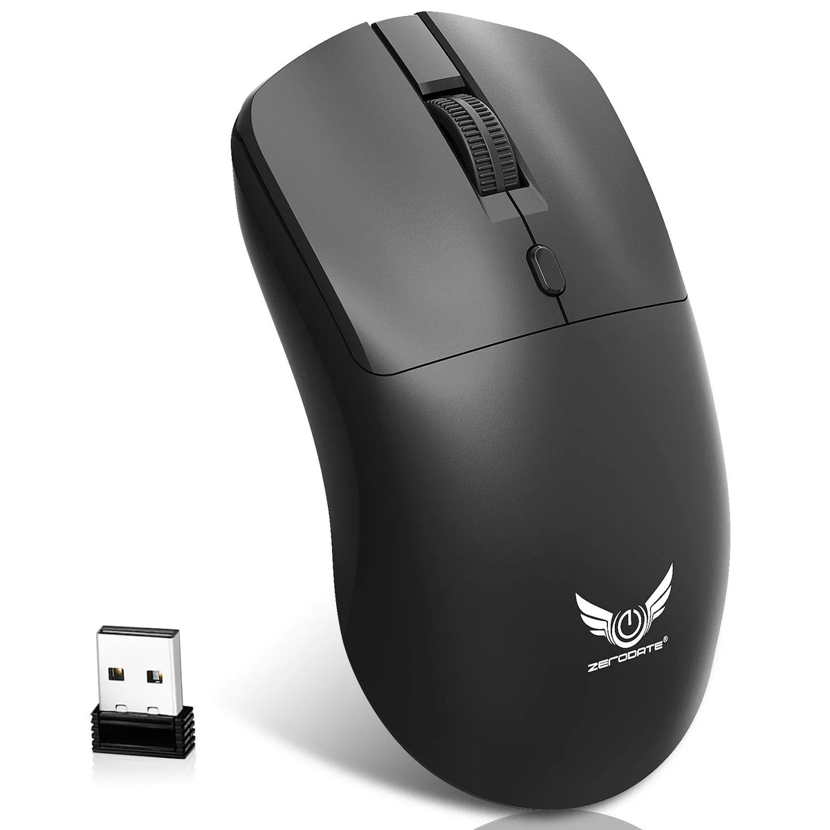 Black wireless computer mouse with three buttons and scroll wheel