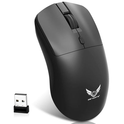 Black wireless computer mouse with three buttons and scroll wheel