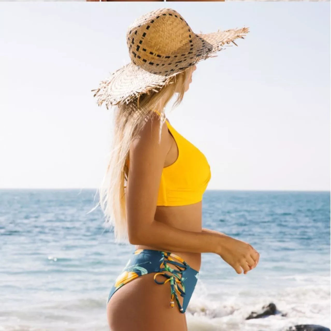 Yellow bikini swimsuit for women with high elasticity and cotton blend lining