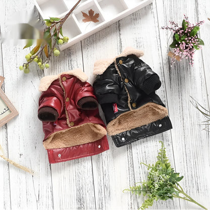 Red PU leather pet coat with fleece lining shown on dog model