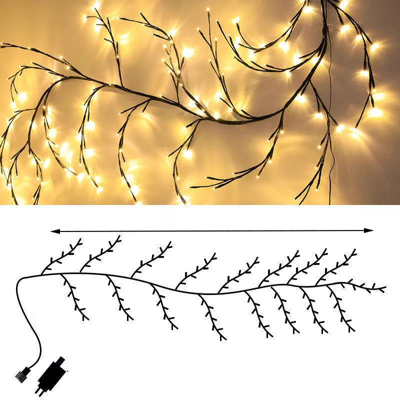 LED rattan tree light string arrangement with warm white illumination for decorative room lighting