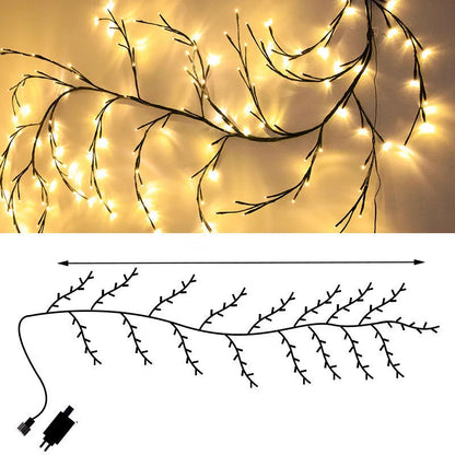 LED rattan tree light string arrangement with warm white illumination for decorative room lighting