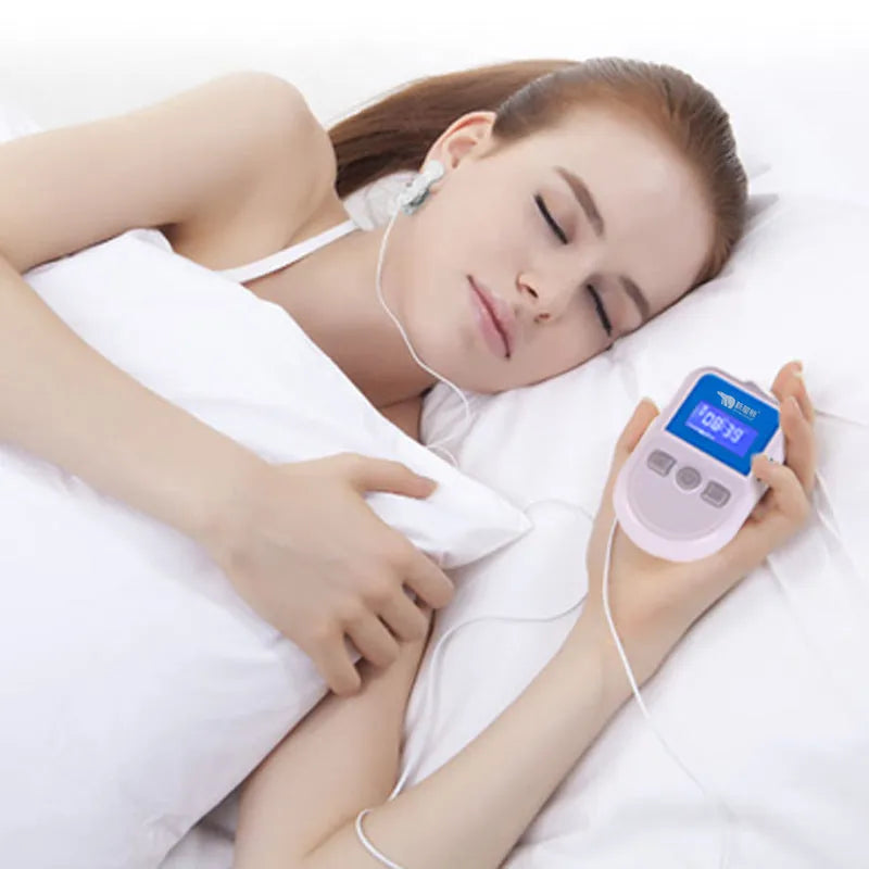 Low frequency pulse therapy instrument HSM04 insomnia sleep aid device with 100ms pulse width, 50g net weight, white colour, USB power input, 180mm length, 115mm width, 70mm depth, and 5-year use period