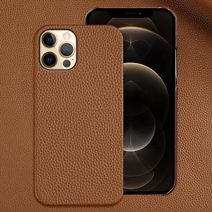 Genuine cowhide leather iPhone case in brown with anti-drop design and tempered film included.