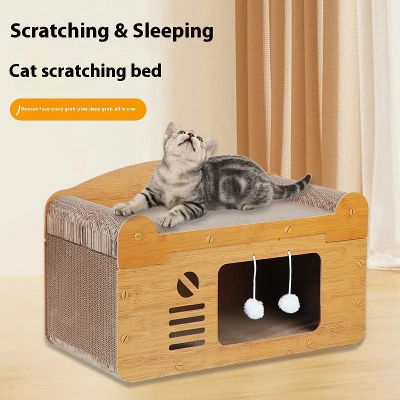 Corrugated paper cat house double layer pet bed for cats with luxury double ball double door design, extra-large 30 cm pet shelter and play space made from durable corrugated cardboard material