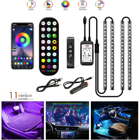 Stylish car interior mood lighting kit with remote control for customizable LED illumination