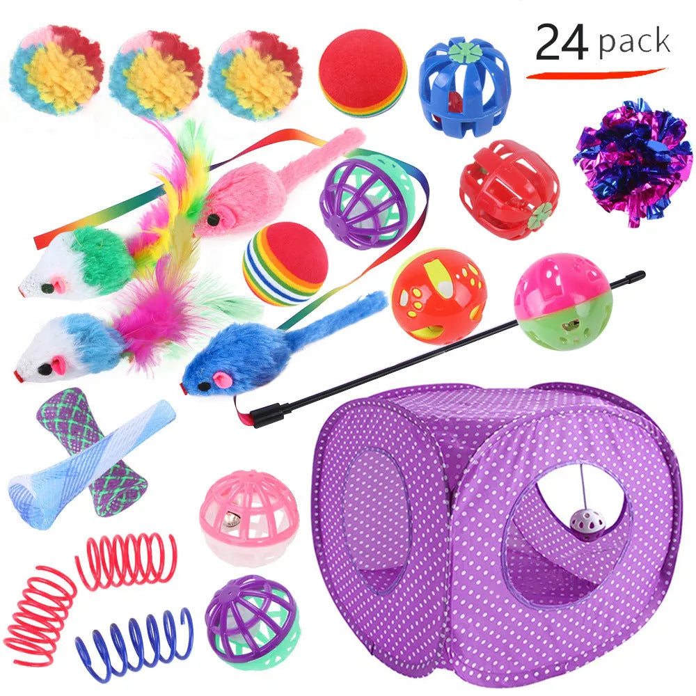 Plastic cat toy set with coloured tunnel channels and a ball for interactive indoor play.