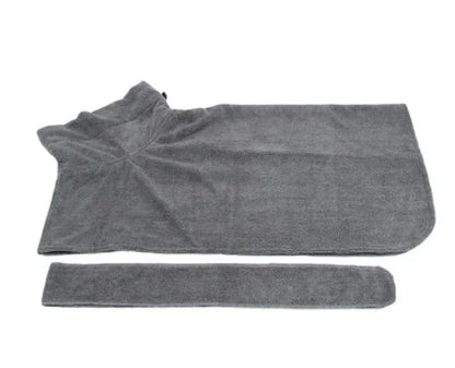 Absorbent pet drying robe with adjustable waist wrap, made of premium microfiber and terry cloth for quick drying and comfort