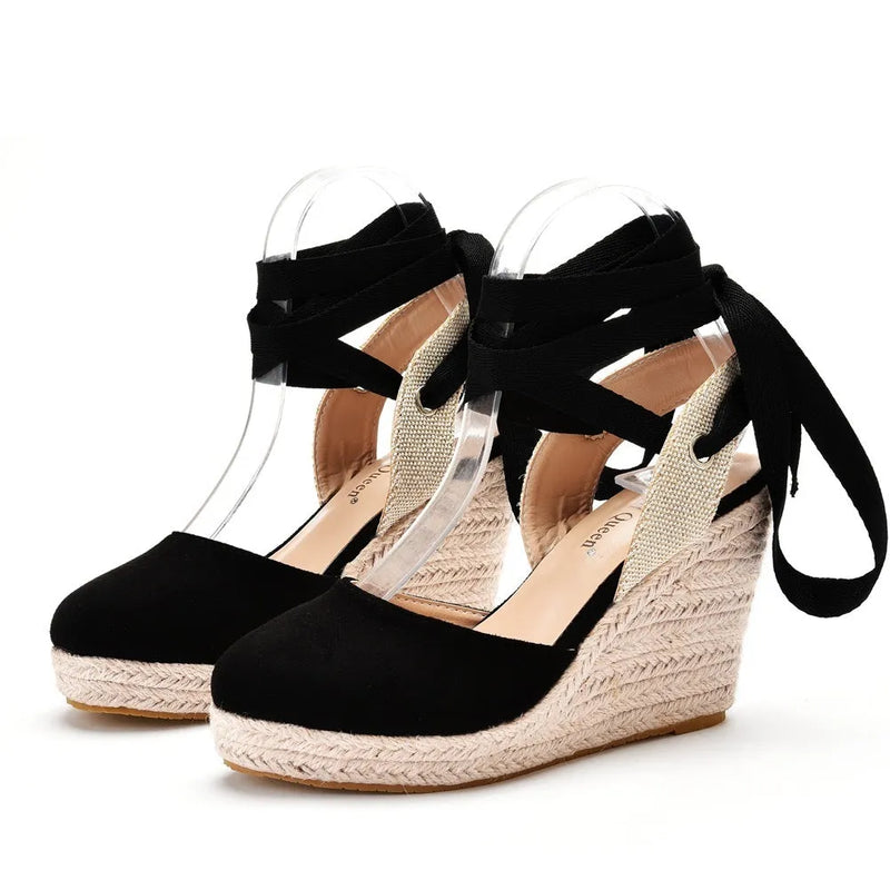 Bohemian Platform Wedge Sandals with Adjustable Buckle Closure and Approximately 10.5cm Heel for Women in Red, Black, or Apricot