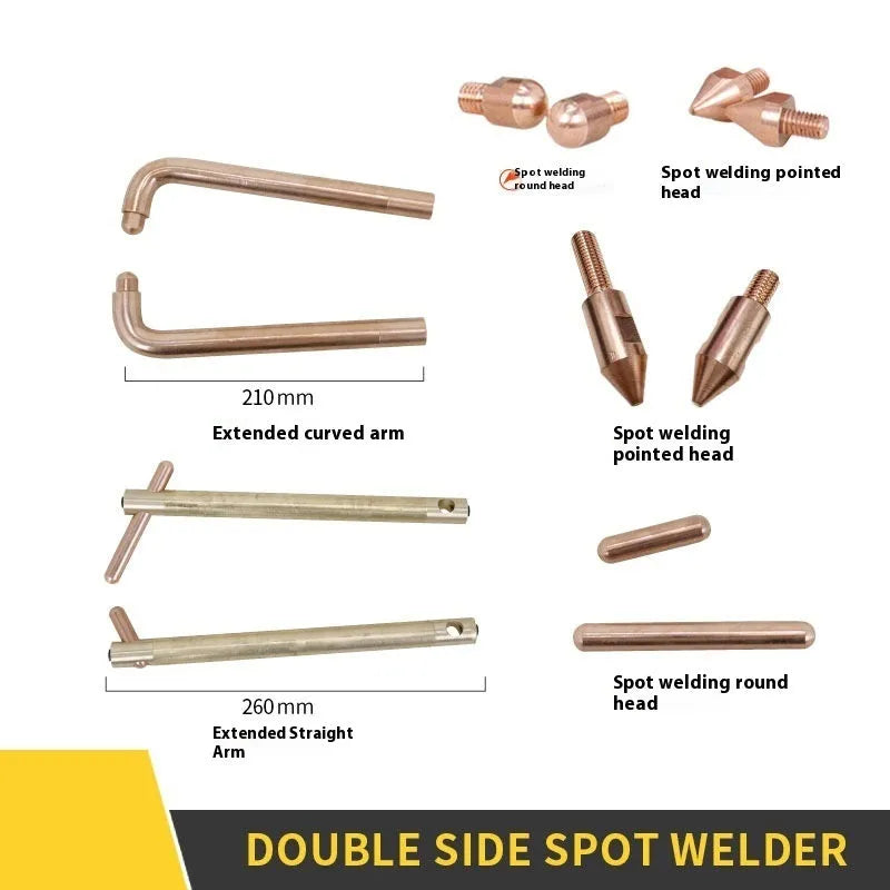 OL8000 manual double-sided spot welding machine with pulse control and set of round and pointed electrode heads.