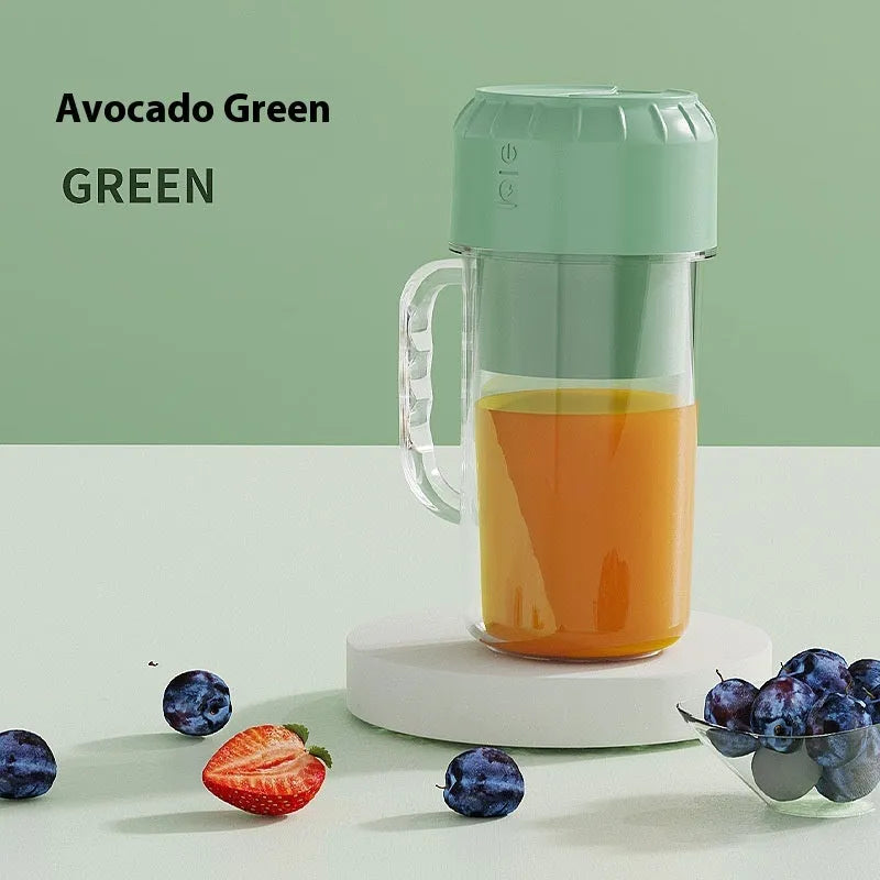 Portable USB-powered juicer in cherry blossom pink or avocado green with 150W motor