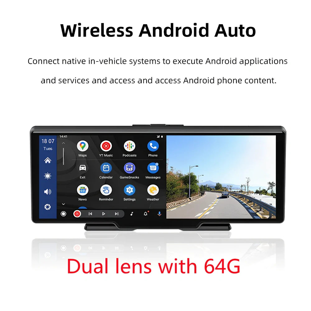 10.26 inch wireless CarPlay car recorder with 140° wide-angle lens on vehicle dashboard