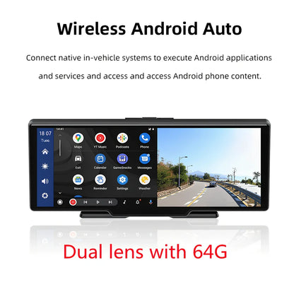 10.26 inch wireless CarPlay car recorder with 140° wide-angle lens on vehicle dashboard