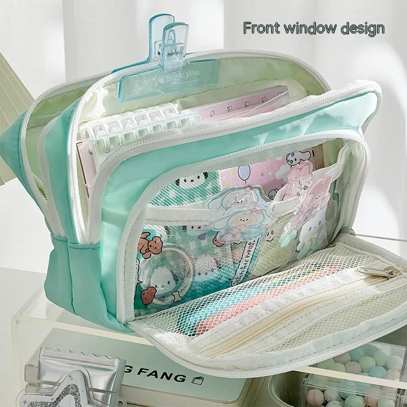 Solid colour double-layer pencil case for high-capacity exam stationery organisation.