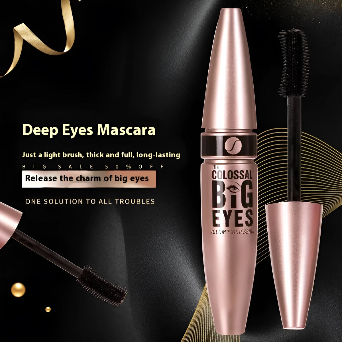 Black waterproof thickening mascara tube with 12ml sweatproof formula and standard brush applicator