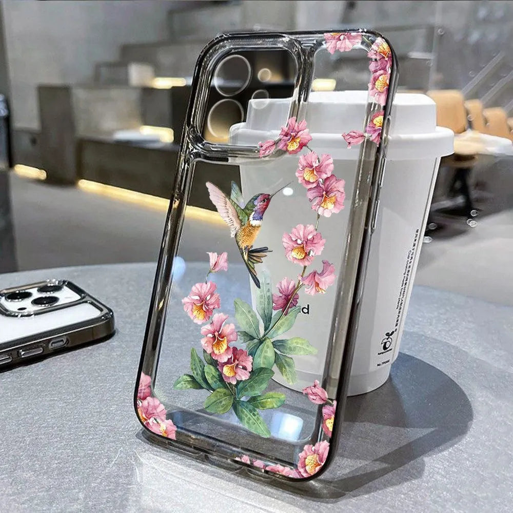 Flower Magpie fine hole all-inclusive TPU iPhone case in transparent or transparent black, shockproof and anti-fingerprint