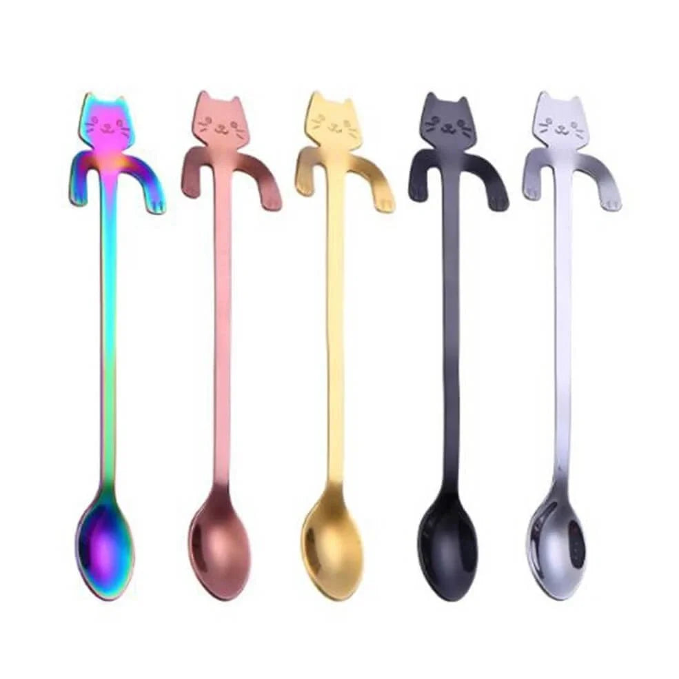 Stainless steel coffee spoon with cartoon cat handle showing hanging hole and smooth edges