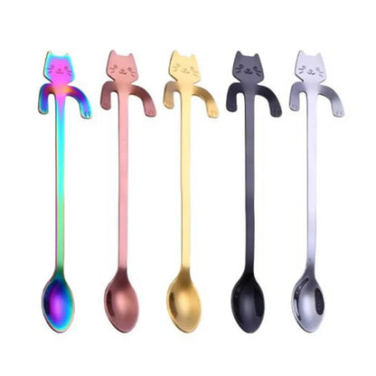 Stainless steel coffee spoon with cartoon cat handle showing hanging hole and smooth edges