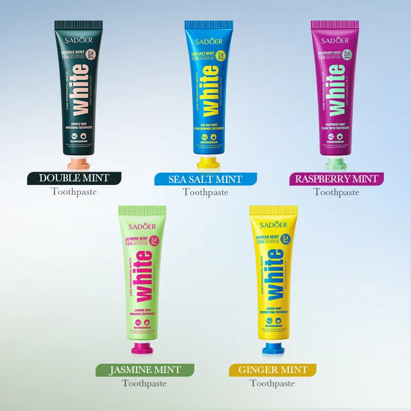 30g household toothpaste tube in jasmine, sea salt, ginger, raspberry or double mint flavour