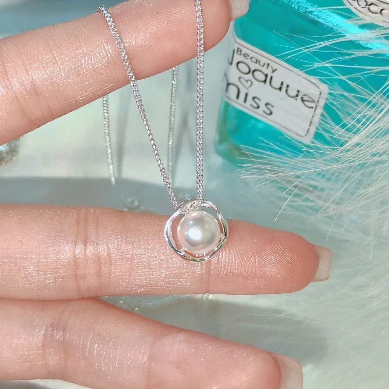 Rose pearl necklace for women with pearl pendant on copper cross chain, geometric circle ring design, 41-50cm