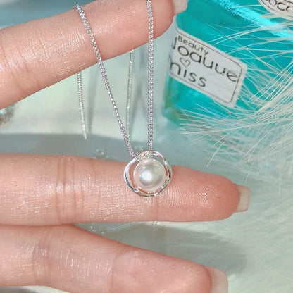 Rose pearl necklace for women with pearl pendant on copper cross chain, geometric circle ring design, 41-50cm